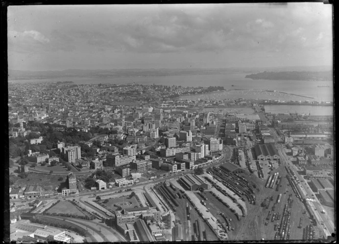 A view of Auckland Railway Station and railyards looking southwards