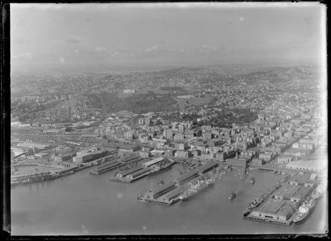 Auckland wharves, showing Auckland City with Auckland War Memorial Museum in the background