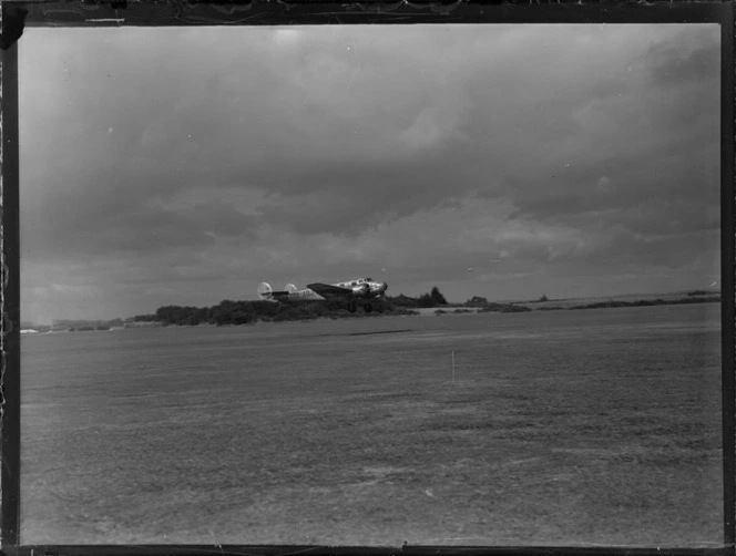 New Zealand National Airways Corporation (NZNAC) Lockheed Lodestar 'Kahu' (ZK-AGJ) aircraft taking off at Mangere Aerodrome, Auckland