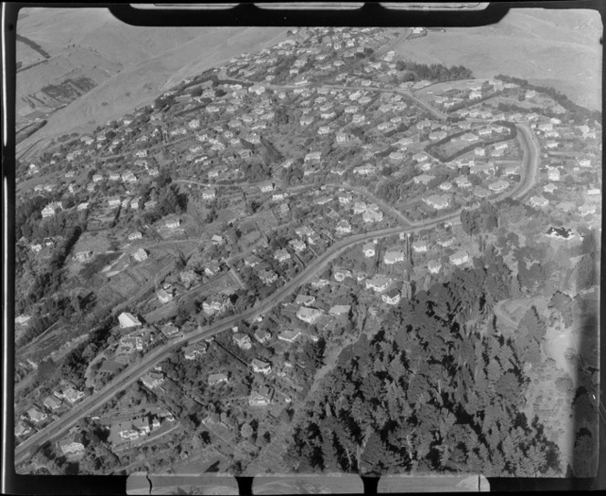 View of the Christchurch hill suburb of Cashmere with Hackthorne Road in foreground, Christchurch City, Canterbury Region