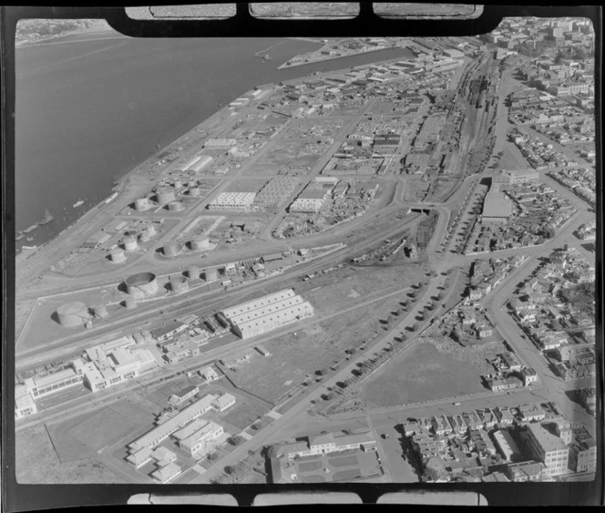 View south to Dunedin City harbour and industrial area with railway yards, Otago Region