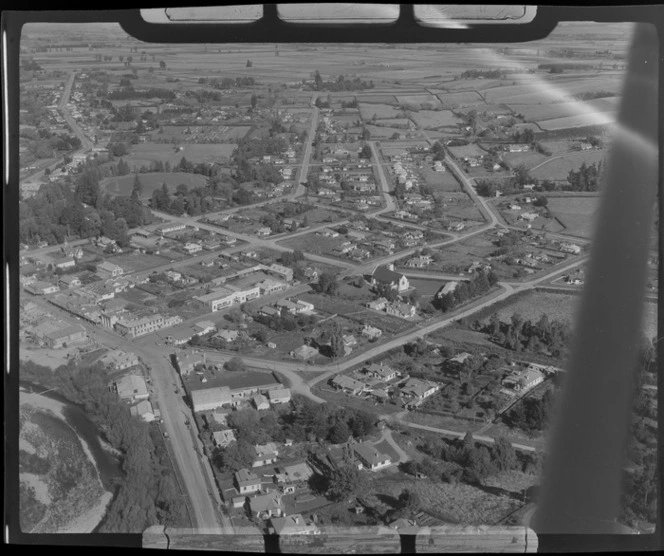 The south Canterbury town of Geraldine next to the Rangitata River, looking south to the Geraldine Recreational Reserve with rugby field