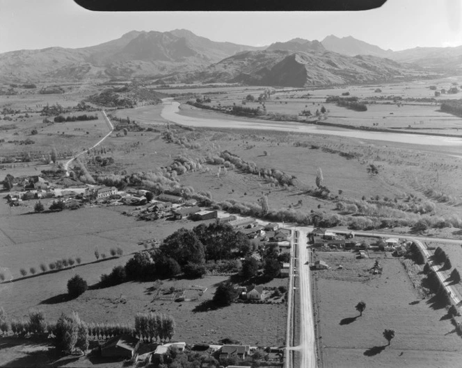 View of the rural town of Ruatoria looking south with Mangaharei Street in the foreground intersecting Waiomatatini Road and the Waiapu River beyond, Gisborne Region