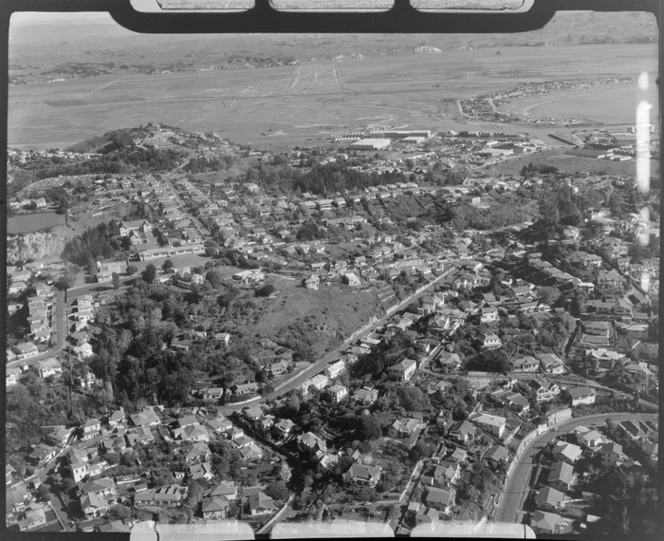 Napier, Hawkes Bay District, showing housing and streets, including Napier Port in the distance