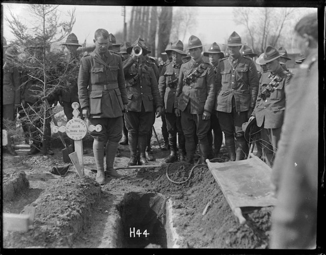 World War 1 New Zealand soldiers at the burial of Sapper J F Haynes, Romarin, France