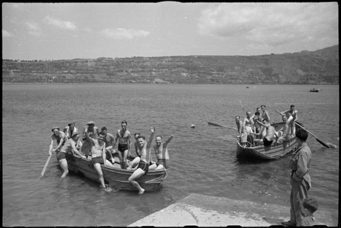 New Zealanders at Divisional HQ picnic boating on Lake Albano near Rome, Italy, World War II - Photograph taken by George Kaye