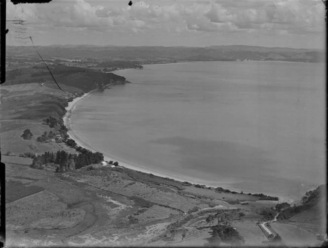 View of D Robb's residence at Stanmore Bay looking north to Orewa, North Auckland Region