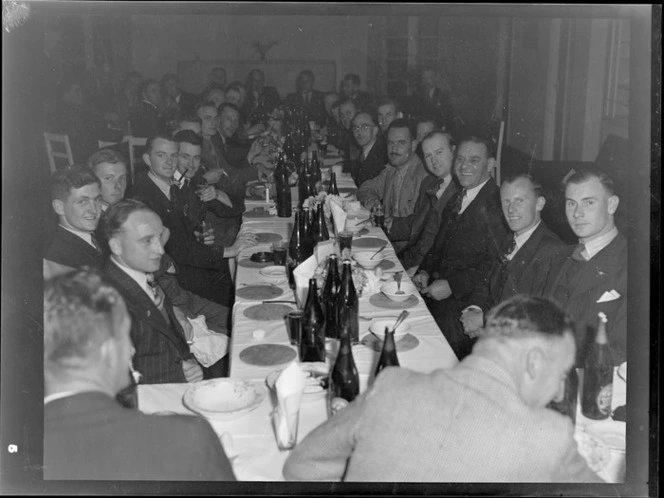 Large group of unidentified men, sitting at tables, at an Auckland Aero Club dinner, Auckland