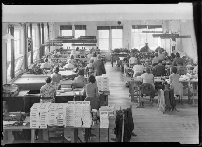 Factory interior, Parisian Neckwear Company Ltd, Auckland, showing female machinists seated at worktables