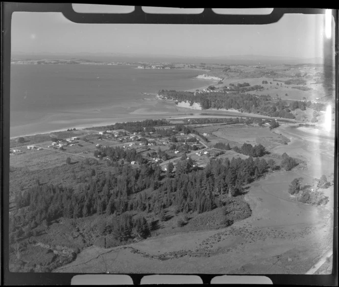 Orewa, Rodney County, Auckland, including coastline, housing and pine trees