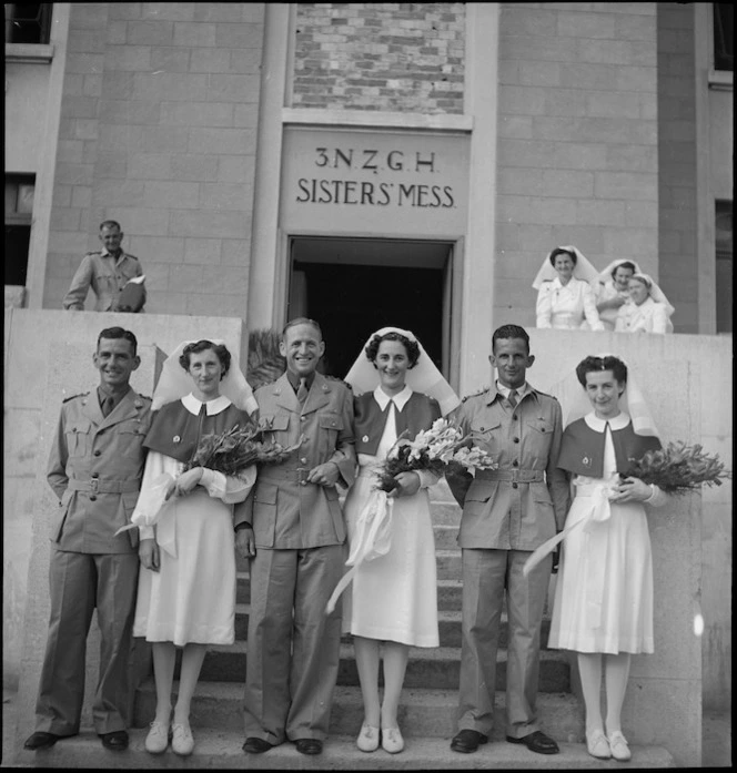 Wedding at 3 NZ General Hospital, Bari, Italy, between Captain S Walfenden and Sister Maysie R Newham, World War II - Photograph taken by M D Elias
