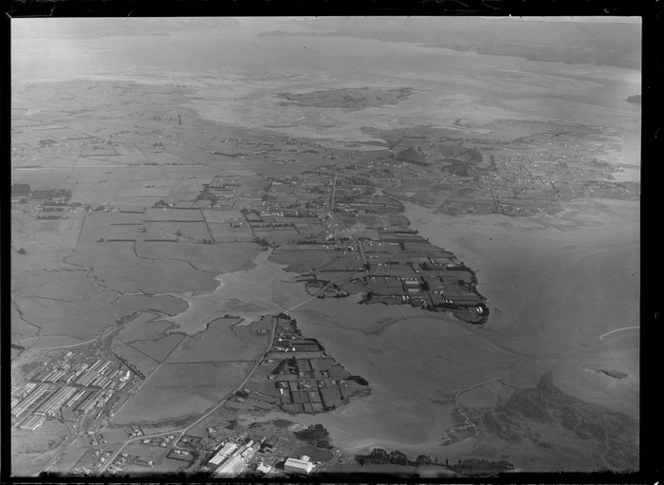 Suburban Bus Company Coverage, James Fletcher Drive in foreground with Mangere Inlet and the Favona Road Bridge, looking to Mangere Domain, Puketutu Island and the Manukau Harbour beyond, Auckland City