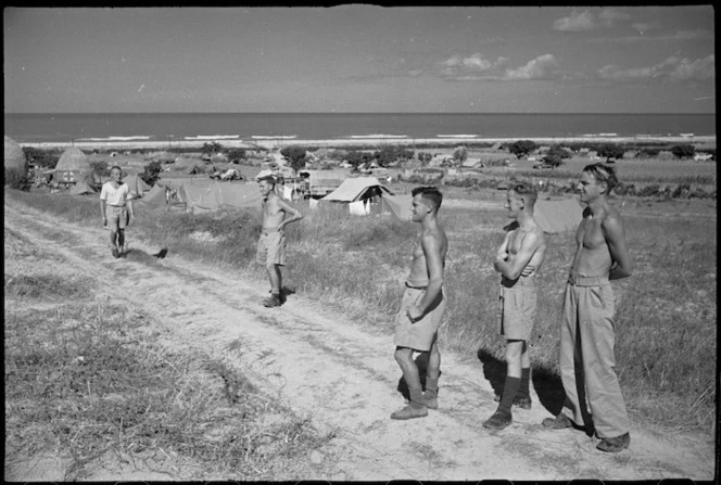 View of New Zealand Rest Camp organised by 6 NZ Field Ambulance on shores of Adriatic, Italy, World War II - Photograph taken by George Kaye