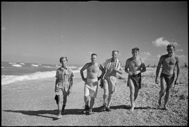 Group of World War II New Zealand soldiers on the beach near Ancona, Italy, World War II - Photograph taken by George Kaye