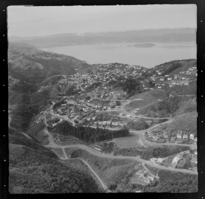 View east to the Wellington City suburb of Wadestown Hill with Churchill Drive in foreground to Ngaio Gorge and Wellington Harbour with Matui (Somes) Island