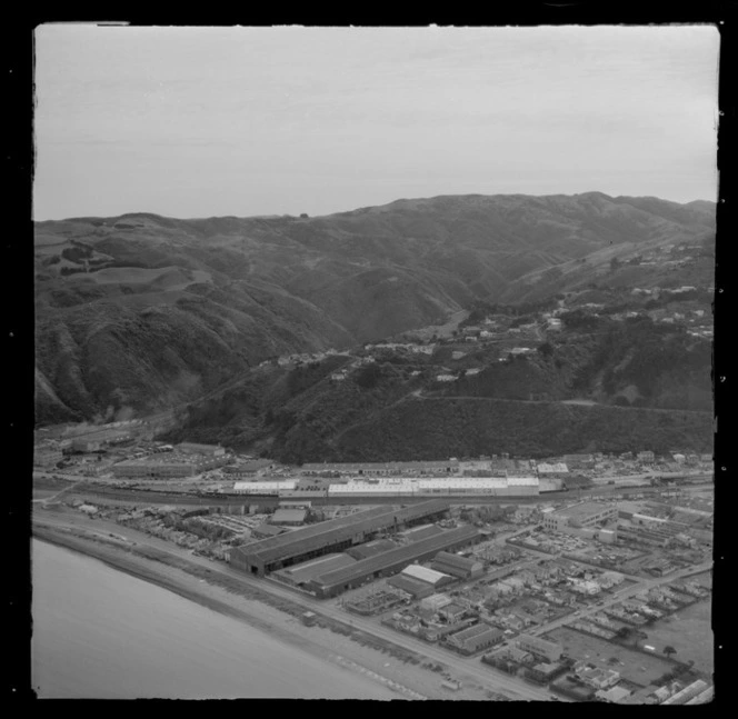 View of Petone Beach, The Esplanade, industrial buildings and the Hutt Road with Belmont Regional Park beyond, Lower Hutt Valley, Wellington Region