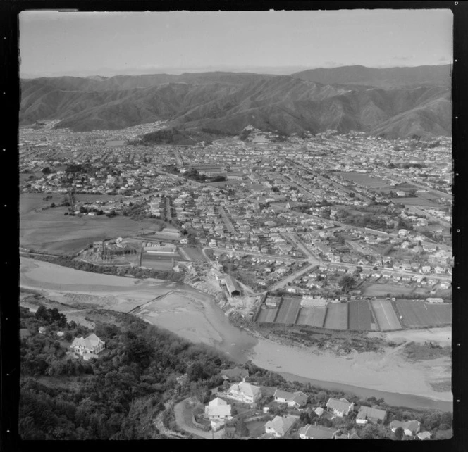 View of Lower Hutt City with the Hutt River and Hutt Hospital to the suburbs of (L to R) Naenae, Fairfield and Waterloo beyond, Wellington Region