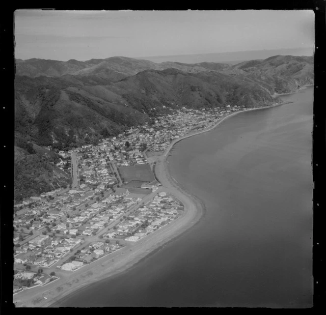 View south over the Lower Hutt Valley suburb of Eastbourne with Robinson Bay and Wellington Harbour