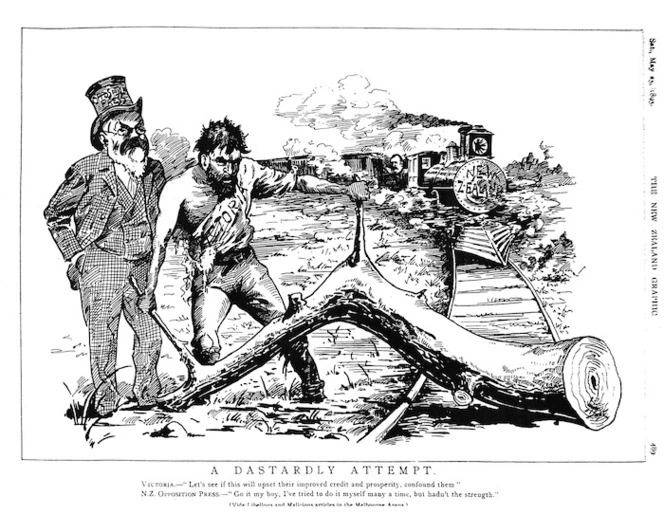 Hunter, Ashley John Barsby, 1854-1932:A Dastardly Attempt. New Zealand Graphic, May 25, 1895. p.489.