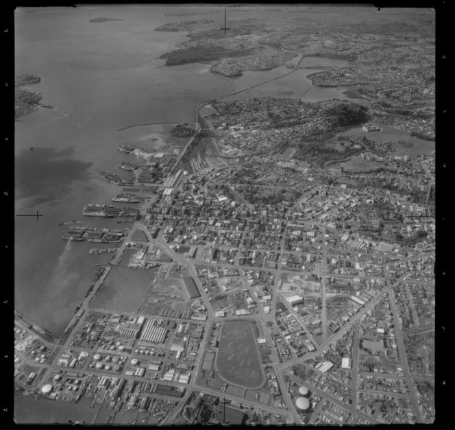 Auckland City, including Saint Marys Bay and Victoria Park, looking towards Hobson Bay