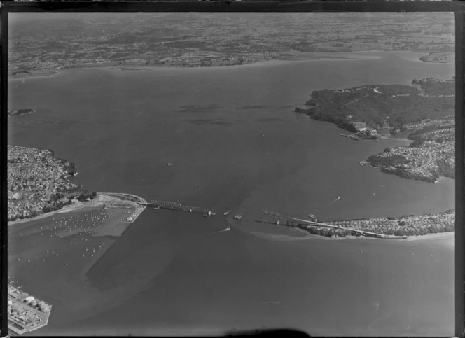 Construction of the Auckland Harbour bridge, including Westhaven Marina