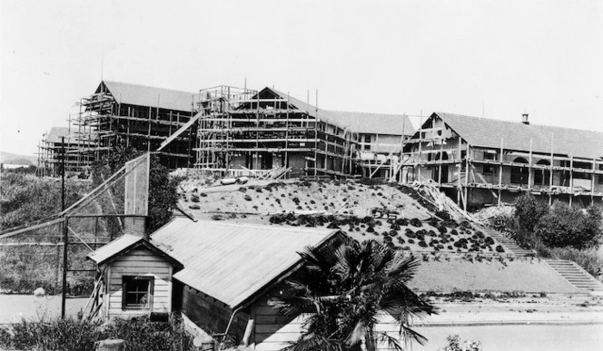 Scaffolding around the earthquake damaged buildings of Iona College, Havelock North