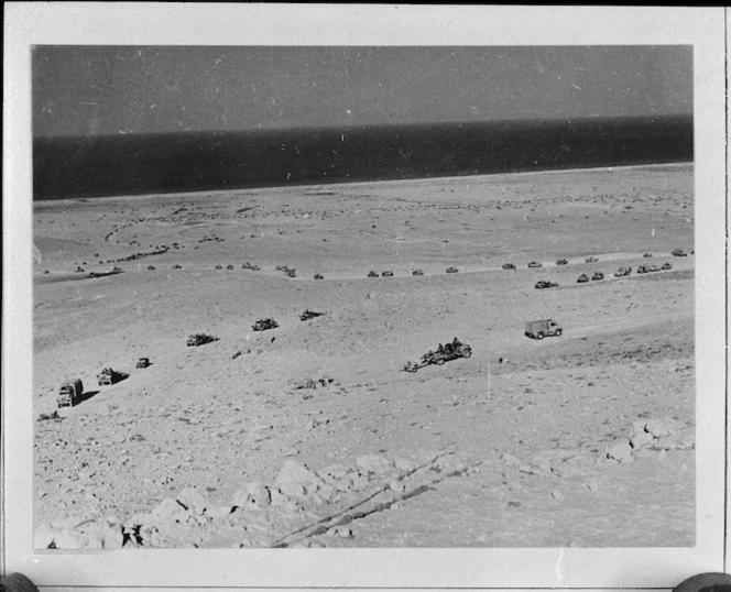 View from top of the Halfaya Pass, Egypt, showing 8th Army transport convoy below, World War II - Photograph taken by H Paton
