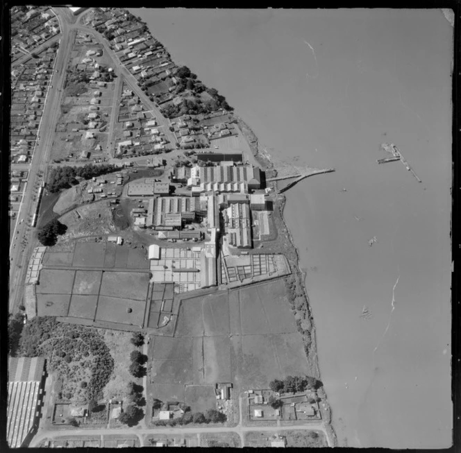 View of Heads Road and the Whanganui Freezing Works with wharf beside the Whanganui River, Manawatu-Whanganui Region