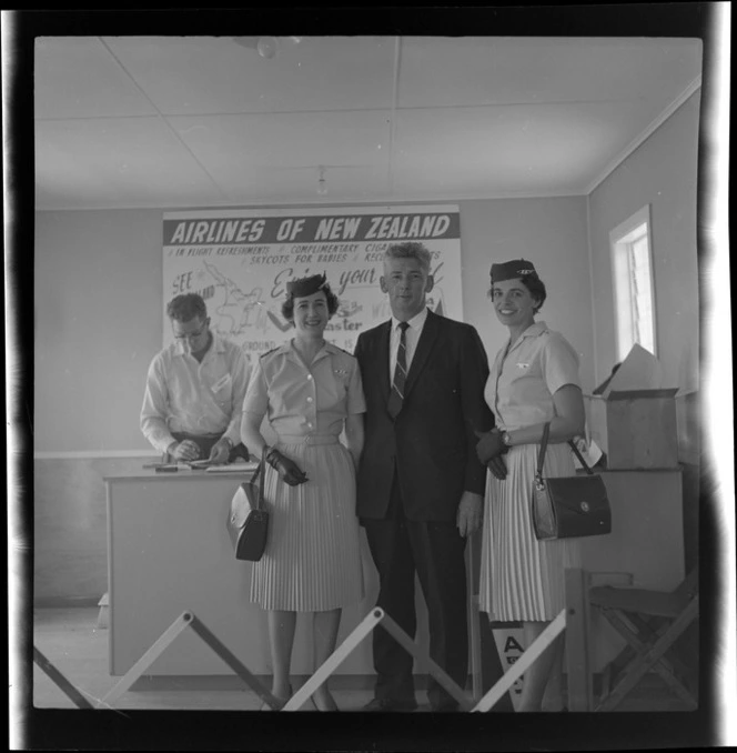 Four unidentified staff, South Pacific Airlines of New Zealand opening, Whakatane