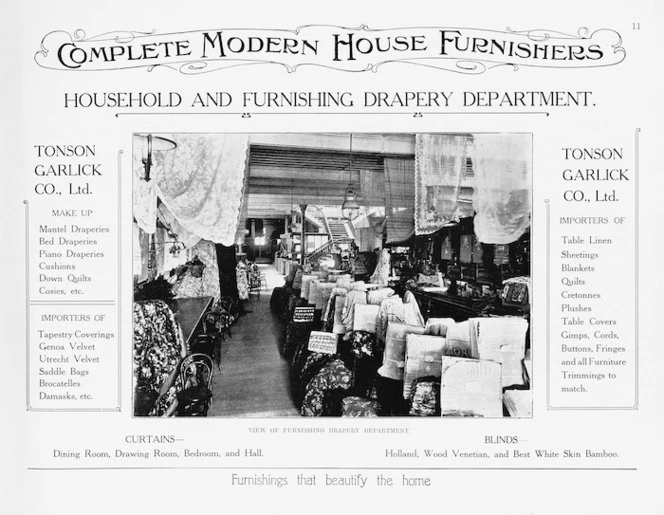 Tonson Garlick Co :Household and furnishing drapery department. Curtains, blinds, furnishings that beautify the home. [ca 1910].