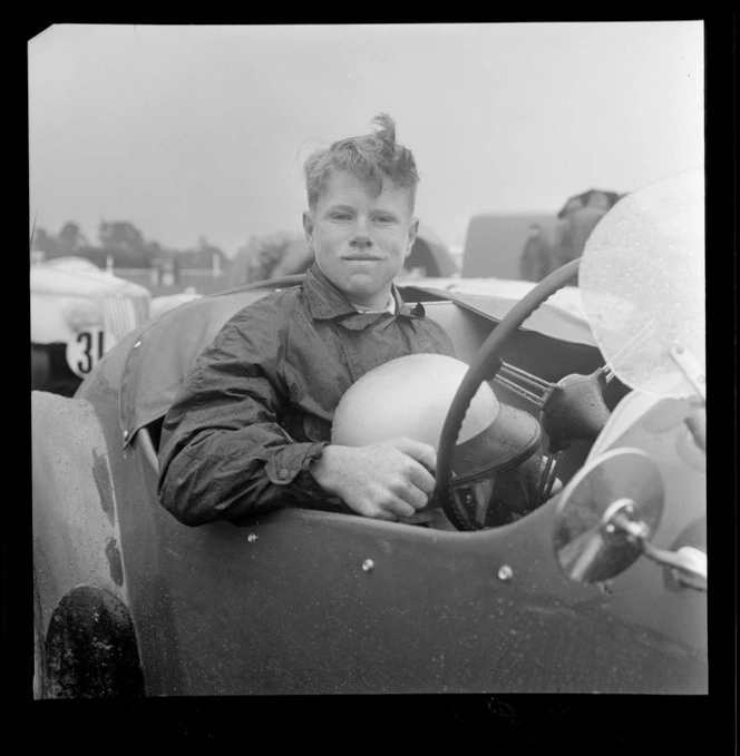 Jim Palmer sitting in a racecar, Levin, Southern Manawatu