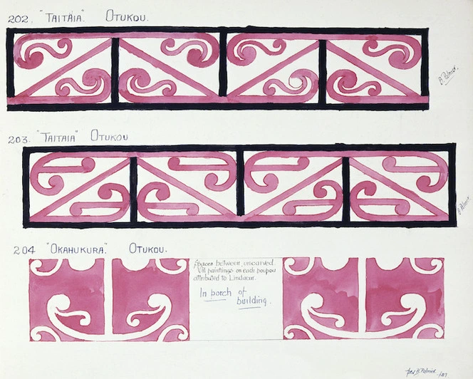 Godber, Albert Percy, 1876-1949 :[Drawings of Maori rafter patterns]. 202. "Taitaia, Otukou; 203. "Taitaia, Otukou; 204. "Okahukura", Otukou / per B Palmer [19]47.