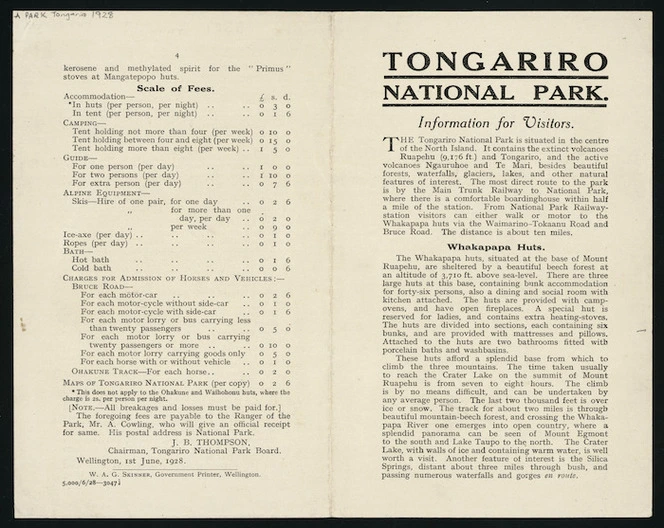 [Tongariro National Park Board] :Tongariro National Park. Information for visitors. [Cover spread. 1928]