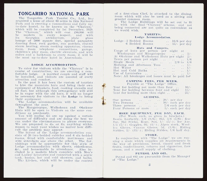 Tongariro Park Tourist Company Ltd :Tongariro National Park; lodge accommodation, tariffs, camping fees ... [Double page spread]. 1929.