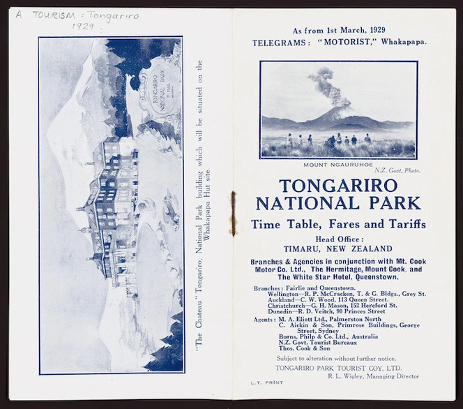 Tongariro Park Tourist Company Ltd :Tongariro National Park; time table, fares and tariffs. [Front and back cover spread]. 1929.