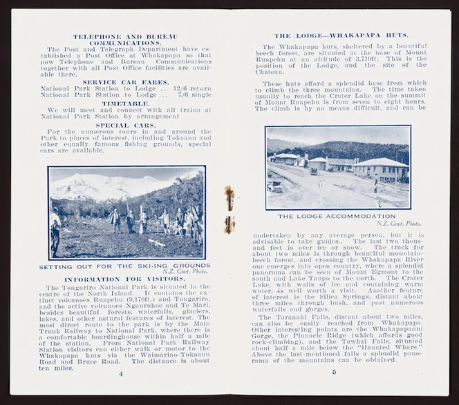 Tongariro Park Tourist Company Ltd :Telephone and bureau communications ... the Lodge - Whakapapa huts [Double page spread. 1929].