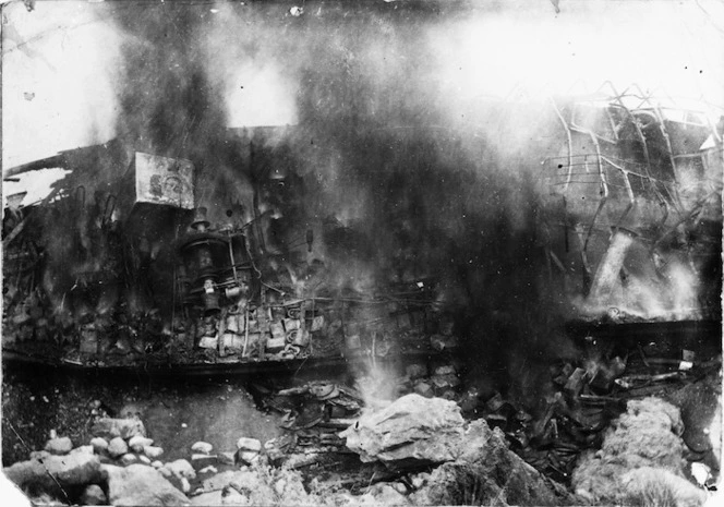 Burning wreck of the ship Tainui after its benzine cargo exploded, Gore Bay