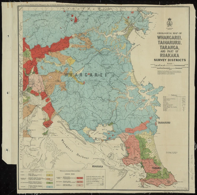 Geological map of Whangarei, Taiharuru, Taranga and part of Ruakaka survey districts / drawn by G.E. Harris ; compiled from data obtained from the Lands and Survey Department, from Admiralty charts, and from additional surveys by H.T. Ferrar of the Geological Survey Branch of the Mines Department and J.A. Bartrum.