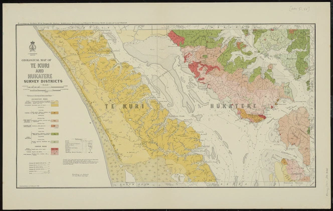 Geological map of Te Kuri and Hukatere survey districts / drawn by G.E. Harris and J.E. Hannah ; compiled from data obtained from the Lands and Survey Department and from Admiralty charts ... additional surveys by H.T. Ferrar and E.O. Macpherson of the Geological Survey Branch of the Department of Scientific and Industrial Research.
