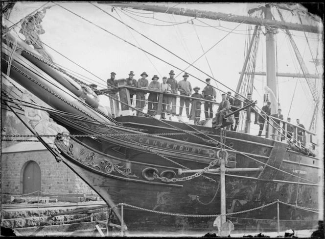 View of the prow and figurehead of the sailing ship Canterbury, in the Port Chalmers graving dock.