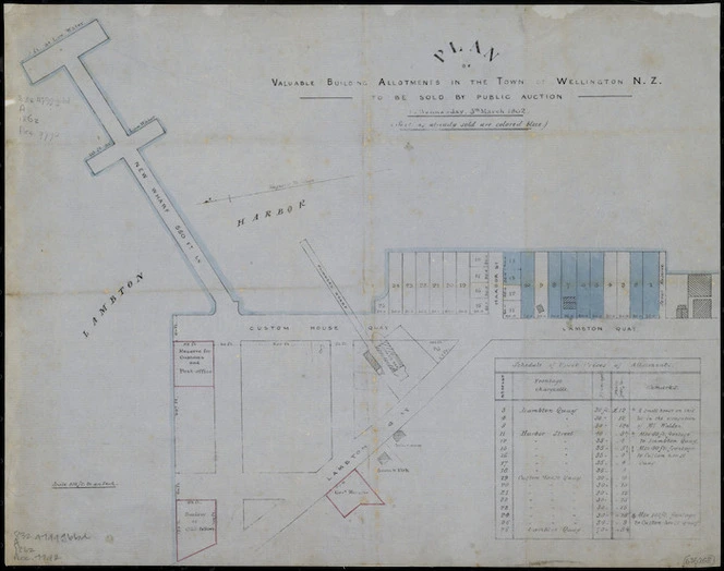 [Creator unknown] :Plan of valuable building allotments in the town of Wellington N.Z. to be sold by public auction, Wednesday, 5th March 1862 [ms map].