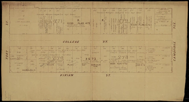 [Creator unknown] :[College Street and Vivian Street, Te Aro, Wellington] [map with ms annotations]. [1925-41]