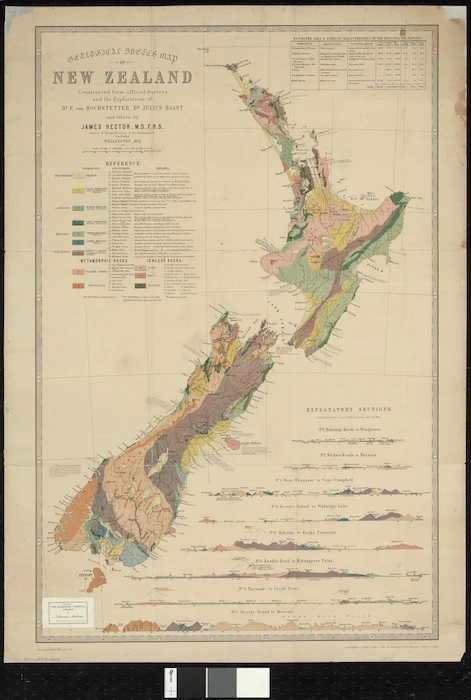 Geological sketch map of New Zealand : constructed from official surveys and the explorations of Dr. F. von Hochstetter, Dr. Julius von Haast and others / [compiled] by James Hector ; drawn by A. Koch.