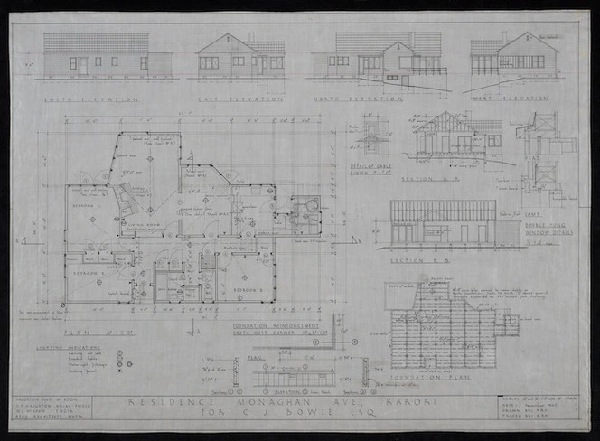 Haughton & McKeon :Residence Monaghan Avenue, Karori, for Mr C J Bowie Esq. [Elevations and] plan ... December 1947.