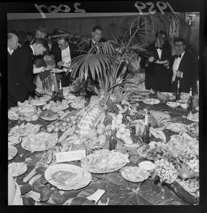 A Hawaiian buffet at Lower Hutt Plunket Society's Hawaiian Island Ball, including indentified guests