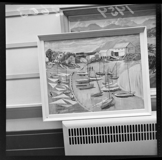 A painting by an unidentified artist, an entry in the Kelliher Art Prize, depicting sailing boats beside an inlet