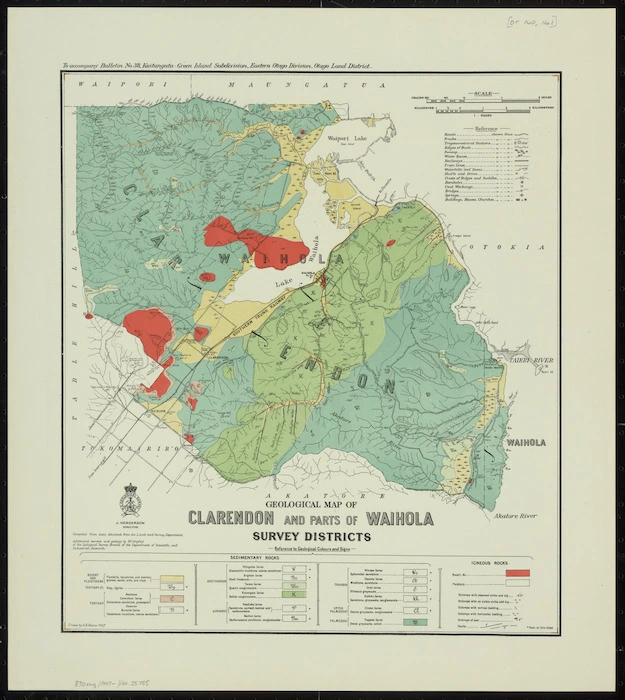 Geological map of Clarendon and parts of Waihola survey districts / drawn by G.E. Harris.
