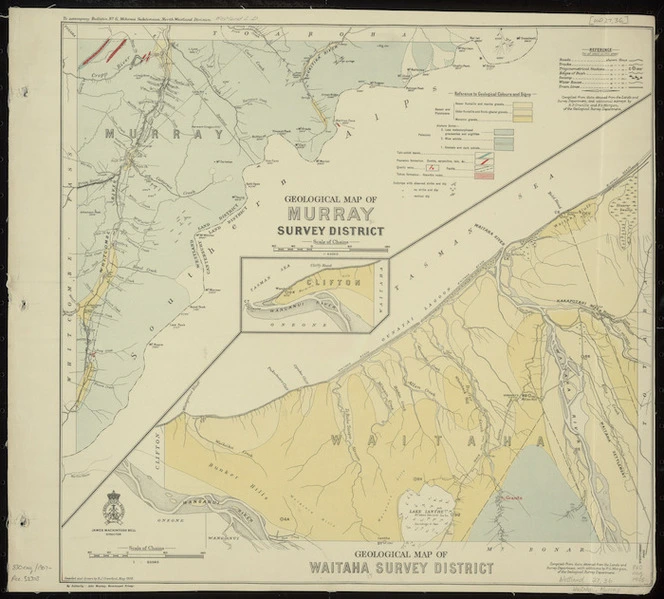 Geological map of Murray survey district ; Geological map of Waitaha survey district / compiled and drawn by R.J. Crawford, May 1908.