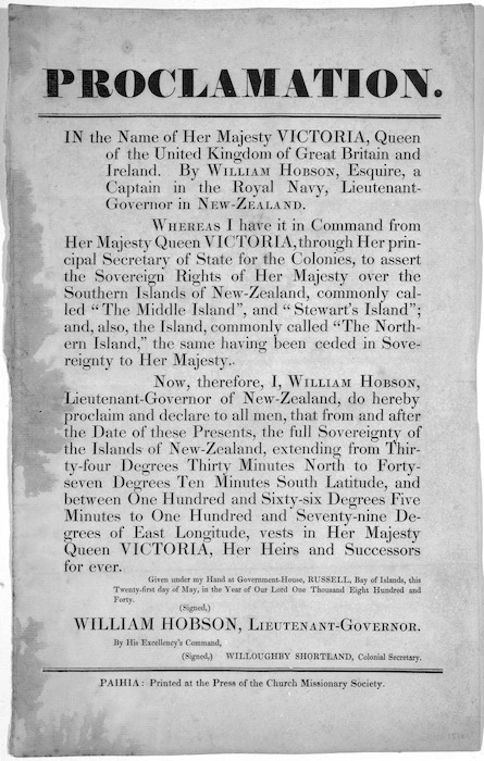 Sovereignty proclamation for New Zealand by William Hobson, on behalf of Her Majesty Queen Victoria