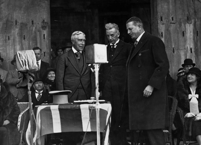 Group including Lord Bledisloe and Joseph Coates, during the foundation stone laying ceremony for the Dominion Museum and National Art Gallery, Wellington